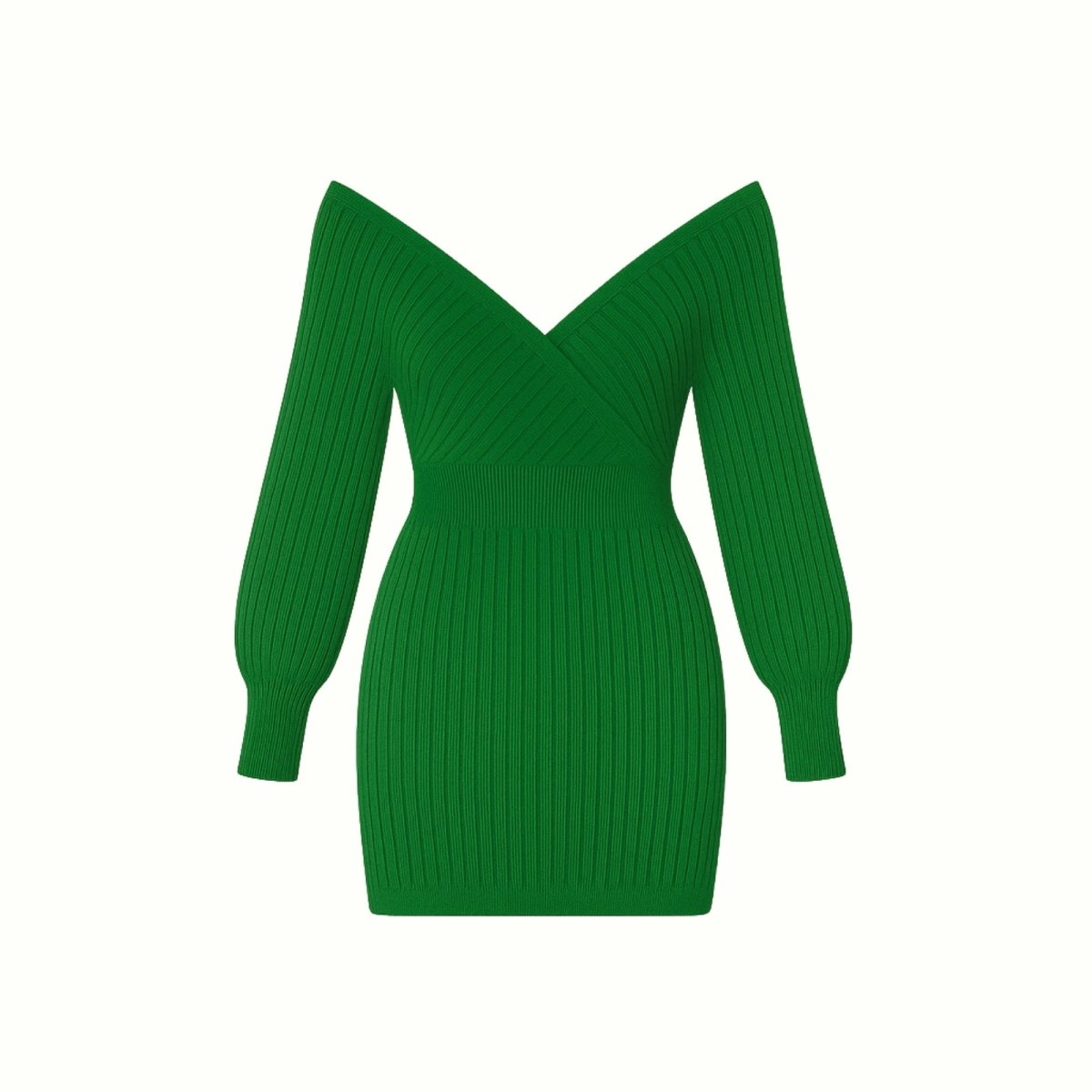 Flat lay of the Kouvr Gwynth off-shoulder ribbed knit mini dress in emerald green on a white background.