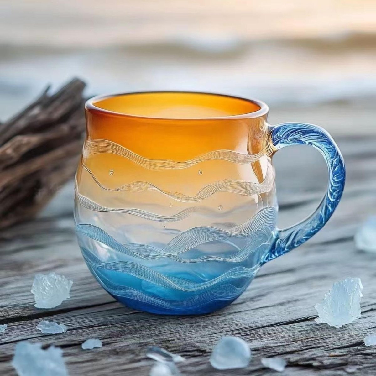 Close-up of the intricate wave details on the Kouvr Ocean Sunset hand blown glass coffee mug.