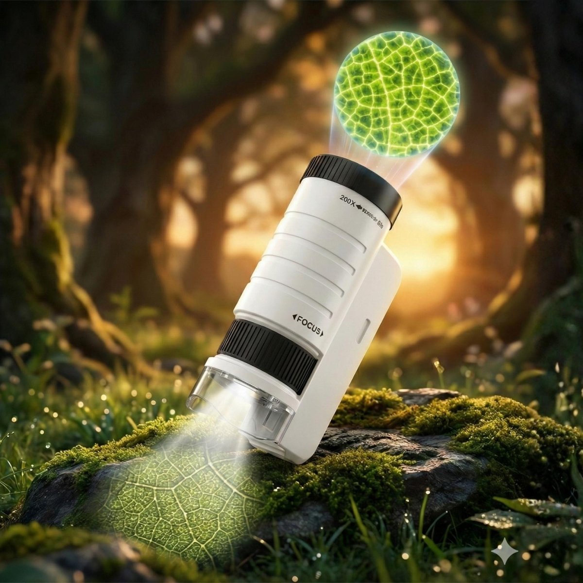 White and black Kouvr portable kids microscope projecting a magnified image of a plant cell structure above a leaf on a mossy rock in an enchanted forest setting.