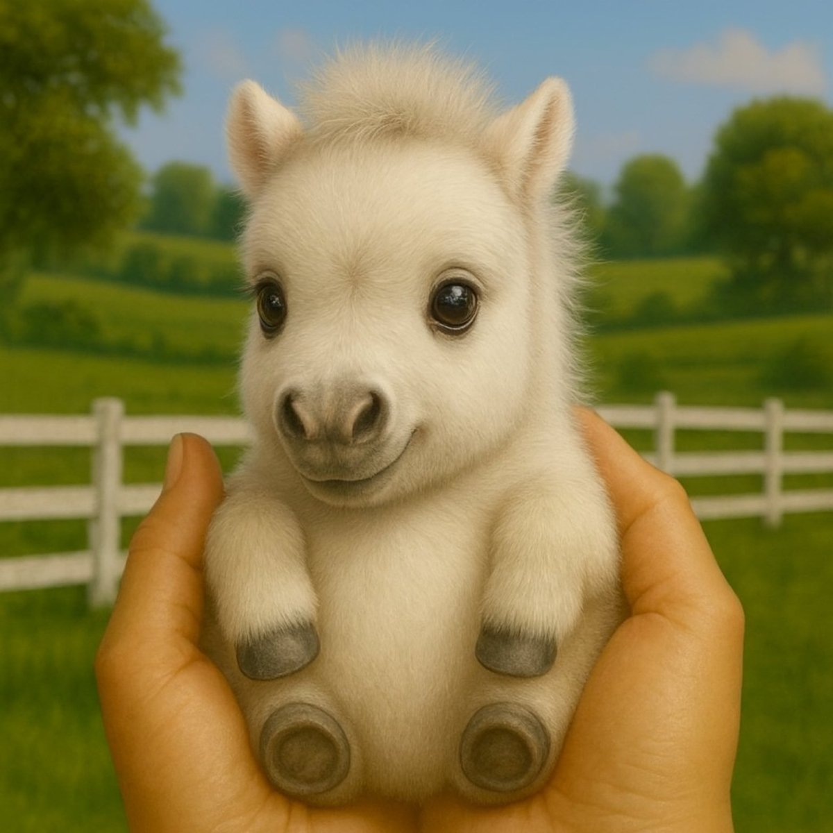 A person's hands holding a tiny, fluffy white interactive robot pony against a backdrop of a green pasture and a white fence.