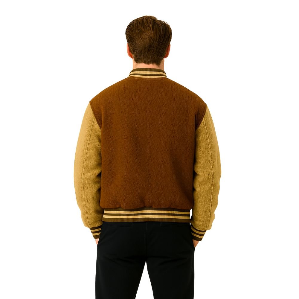 Kouvr men's brown sherpa fleece varsity jacket with white 'A' patch