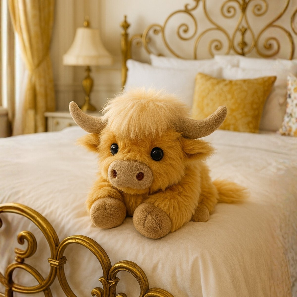 The Kouvr Highland Cow weighted plush toy sitting on a perfectly made white duvet in an elegant bedroom with a gold-forged bed frame.
