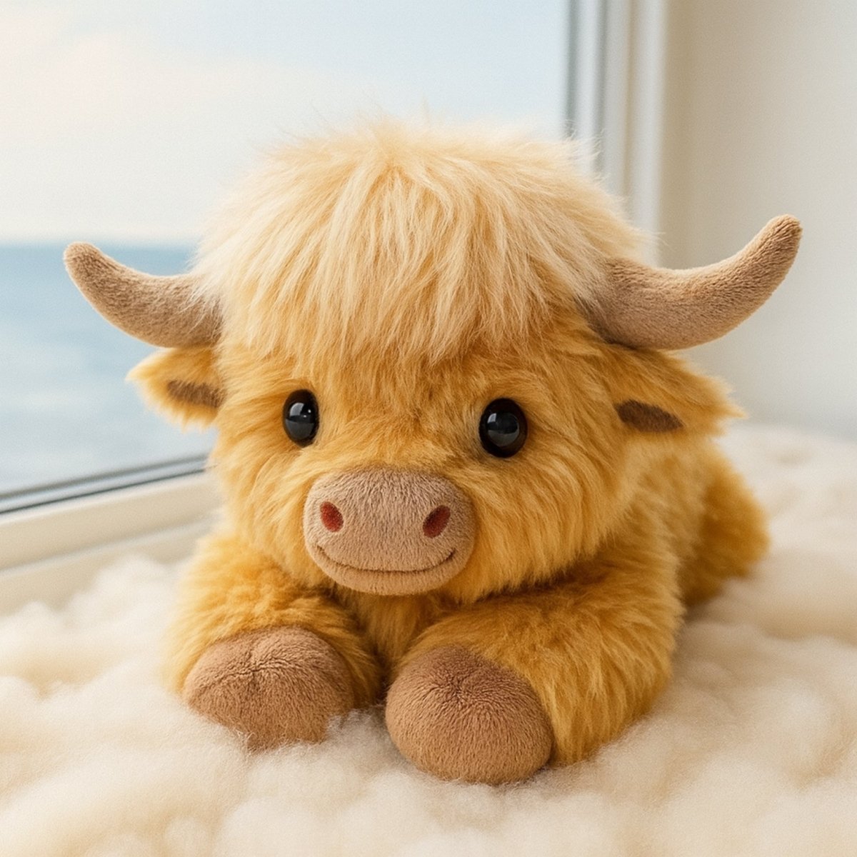 The Kouvr Highland Cow weighted stuffed animal lying comfortably on a fluffy white rug next to a window with a view of the sea.
