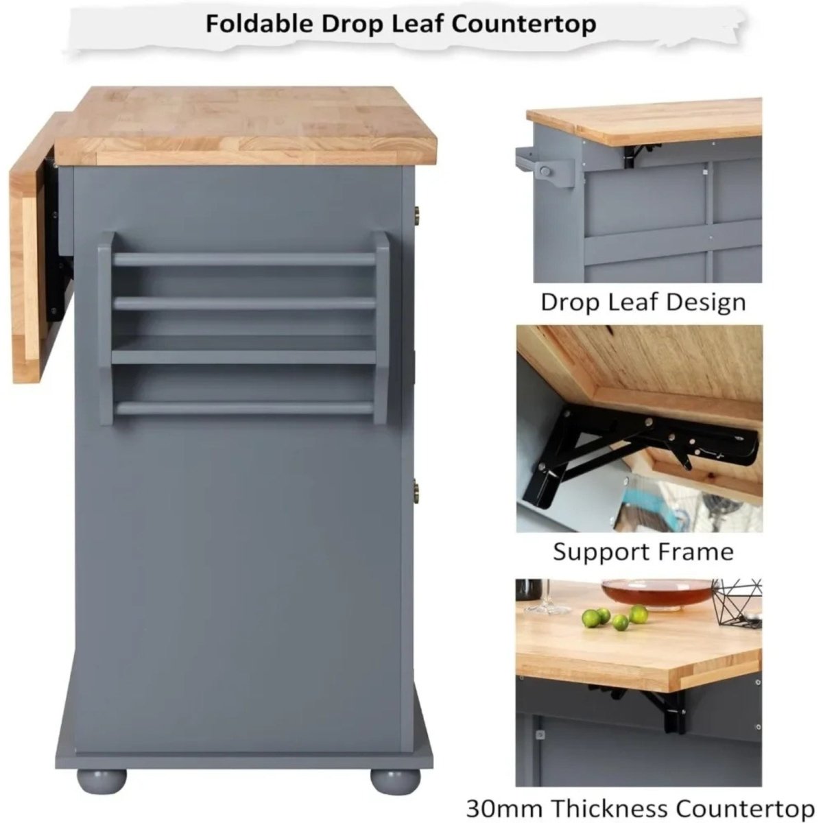 Grey kouvr kitchen island with foldable wooden drop leaf on a white background