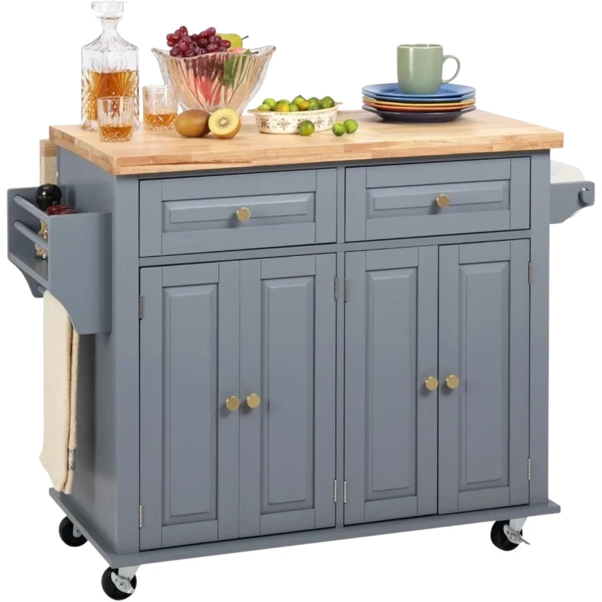 Grey kouvr kitchen island with wooden top, drawers, and cabinets on wheels.