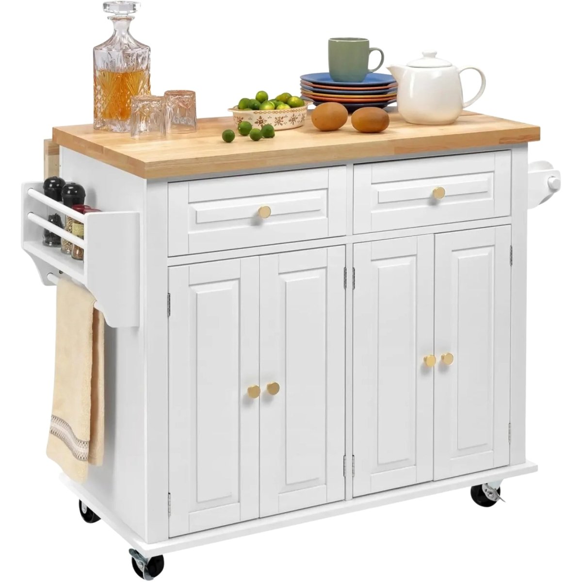 White kouvr kitchen island cart with wooden top and storage drawers on a white background