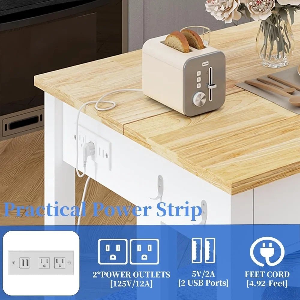 Power strip on a Kouvr kitchen counter with a toaster, surrounded by text and icons indicating features.