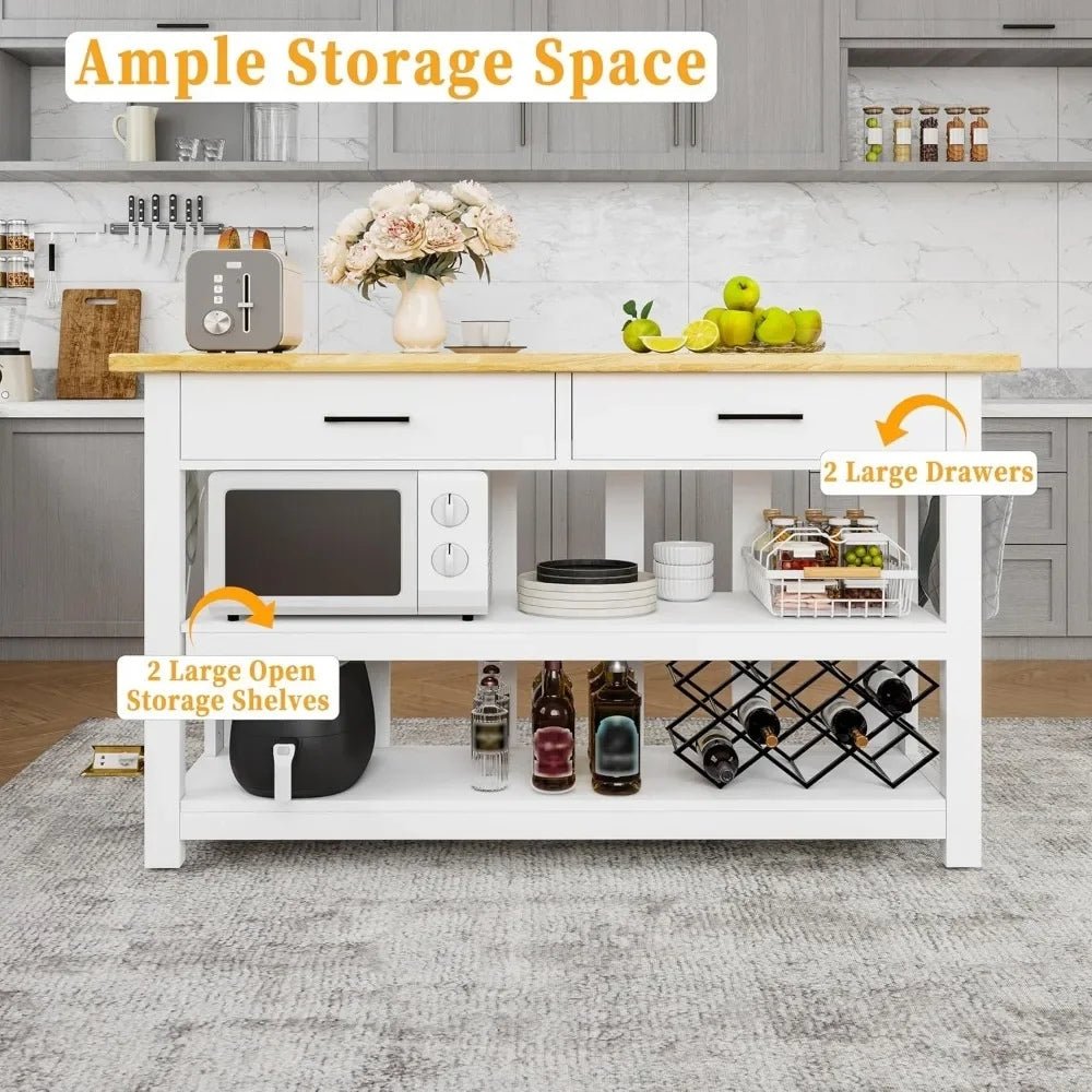 Kitchen island with Kouvr storage space, drawers, and open shelves in a kitchen setting.