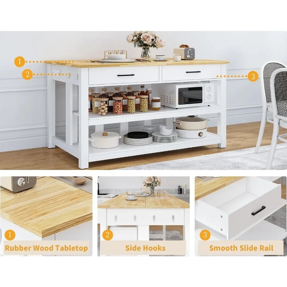 White kitchen island Kouvr with wooden top and various appliances, showing features like rubber wood tabletop and smooth slide rail.
