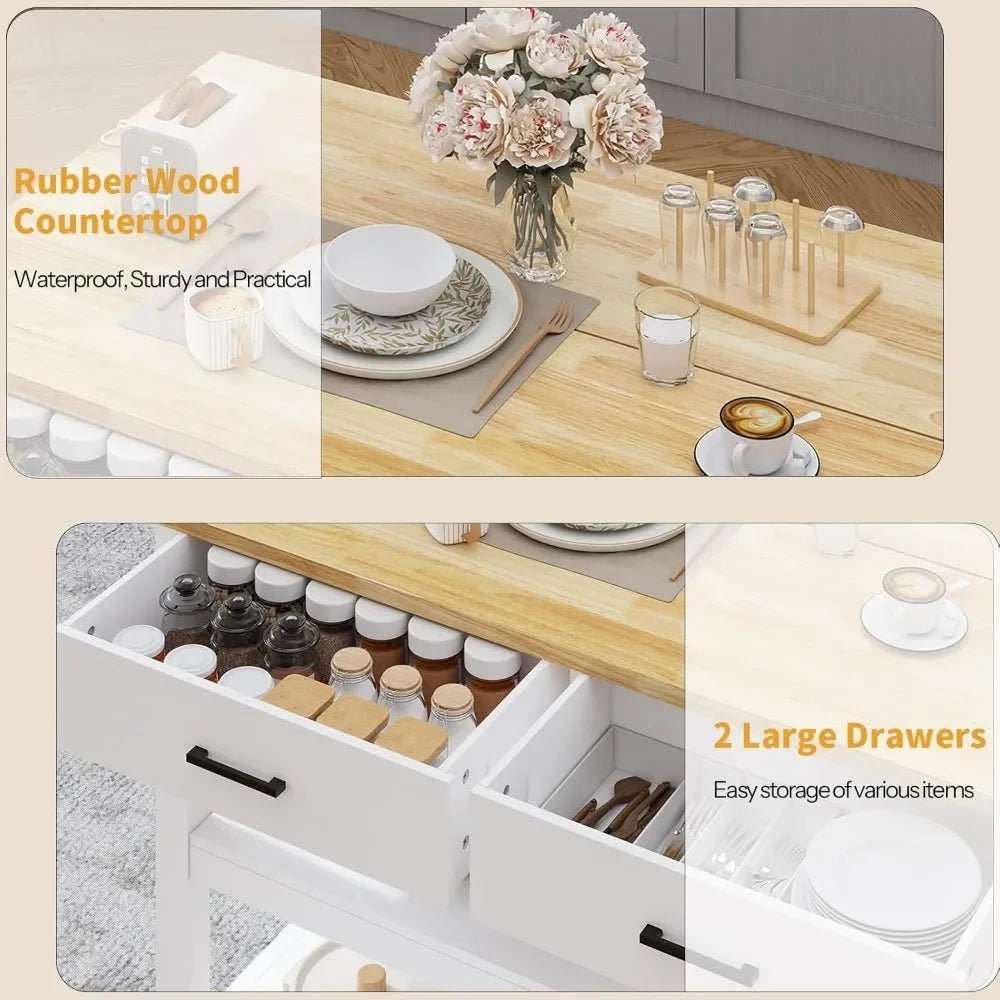 Collage of a Kouvr kitchen setup with rubber wood countertop and large drawers.