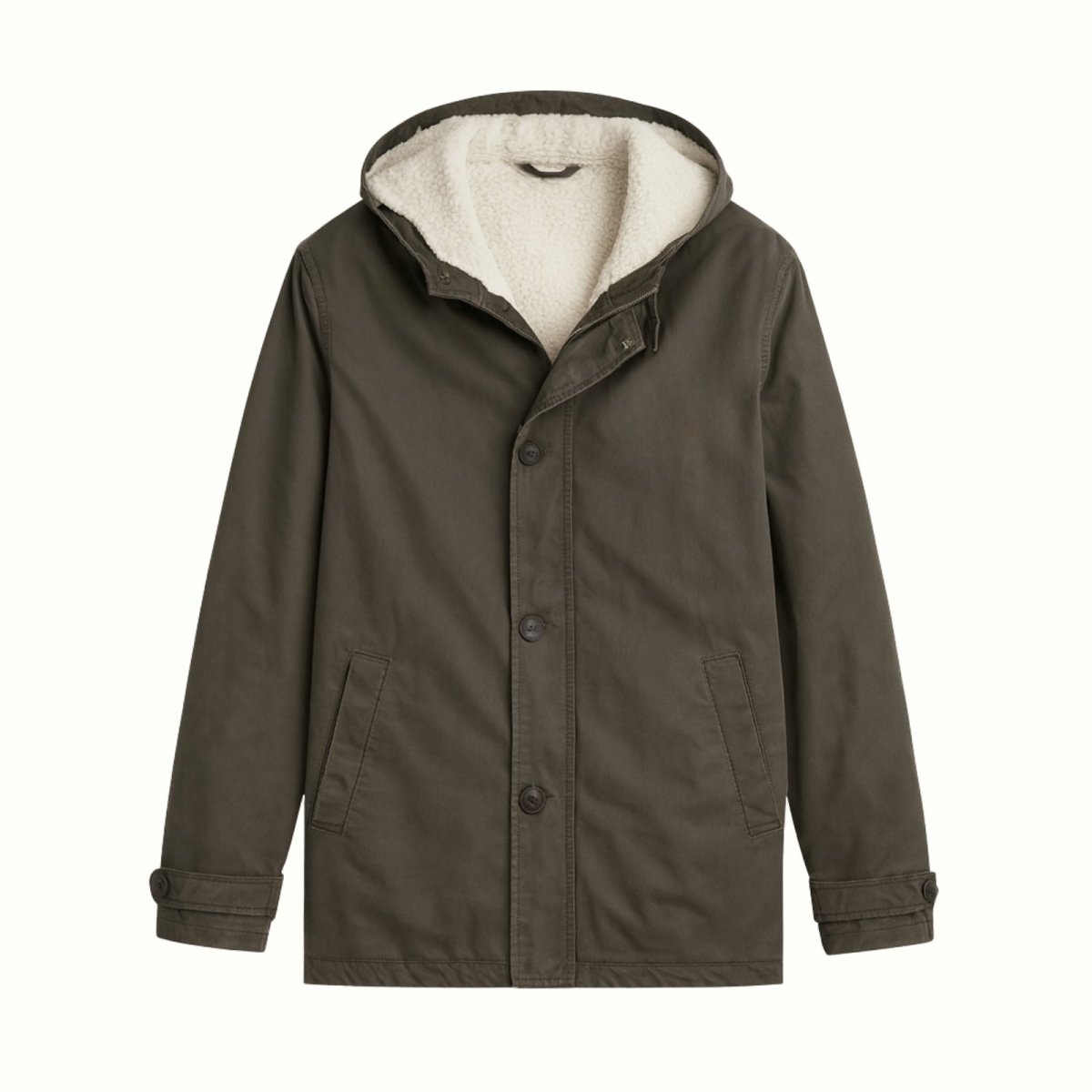 Detail shot of the Kouvr Fashion men's hooded jacket, showing the white embroidered 'Civilization' text on the chest and the plush sherpa collar.