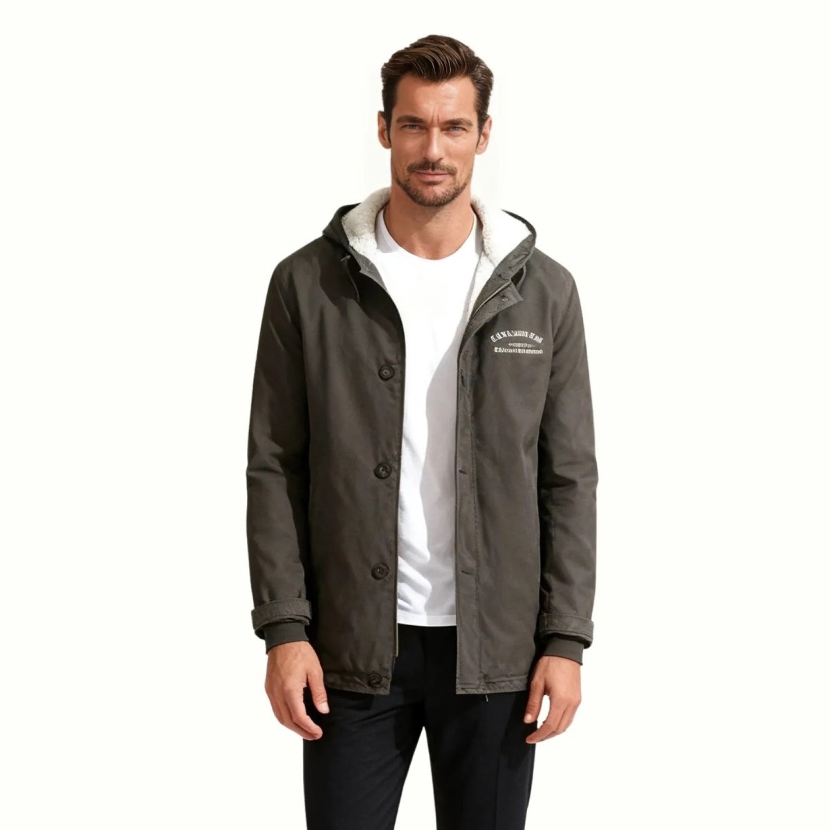 Kouvr Fashion men's honovi jacket in dark grey with a hood, shown open to reveal the white sherpa fleece lining and button-up front.