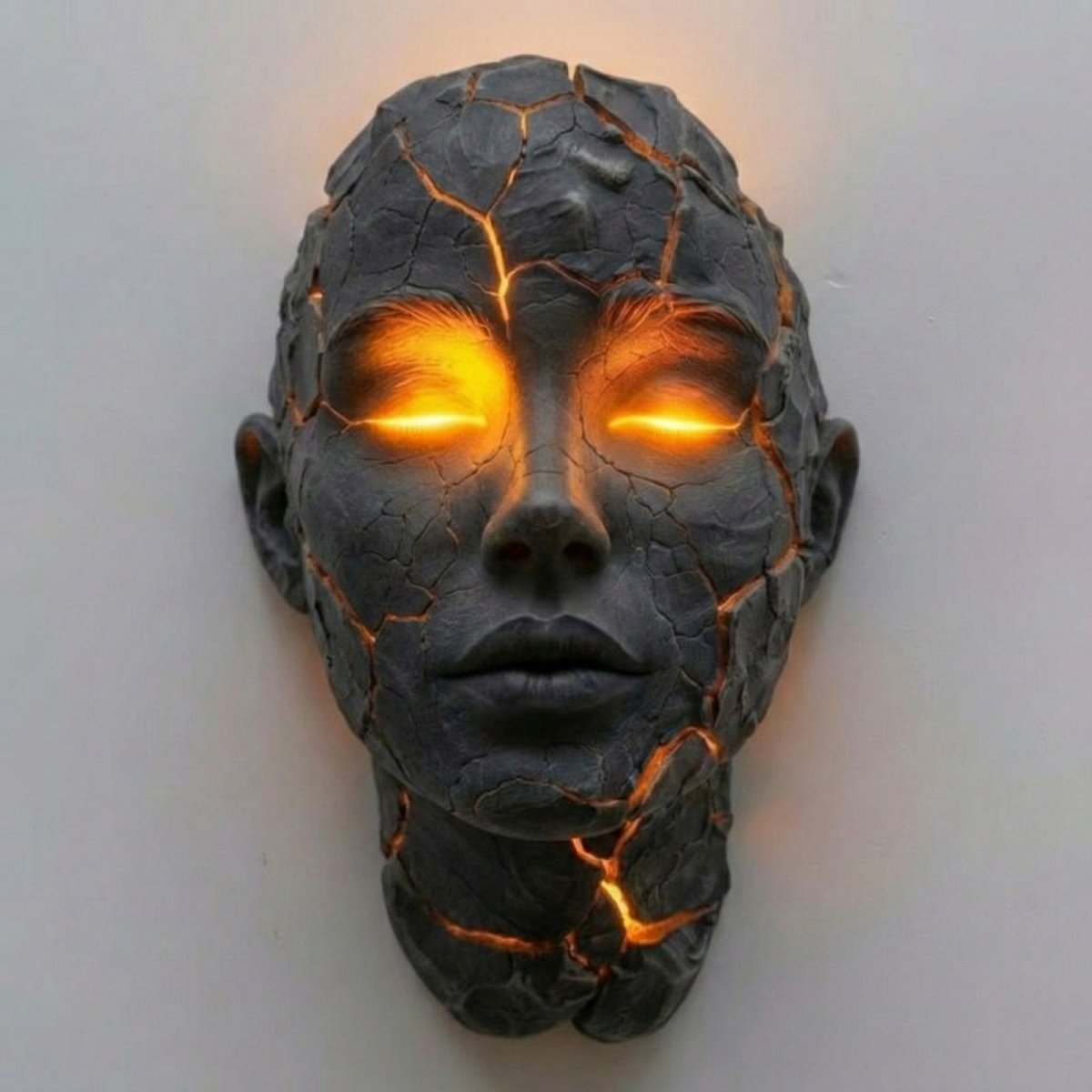 Front-on view of the illuminated wall art lamp by Kouvr, highlighting the symmetrical glowing eyes and the artistic network of cracks across the face.