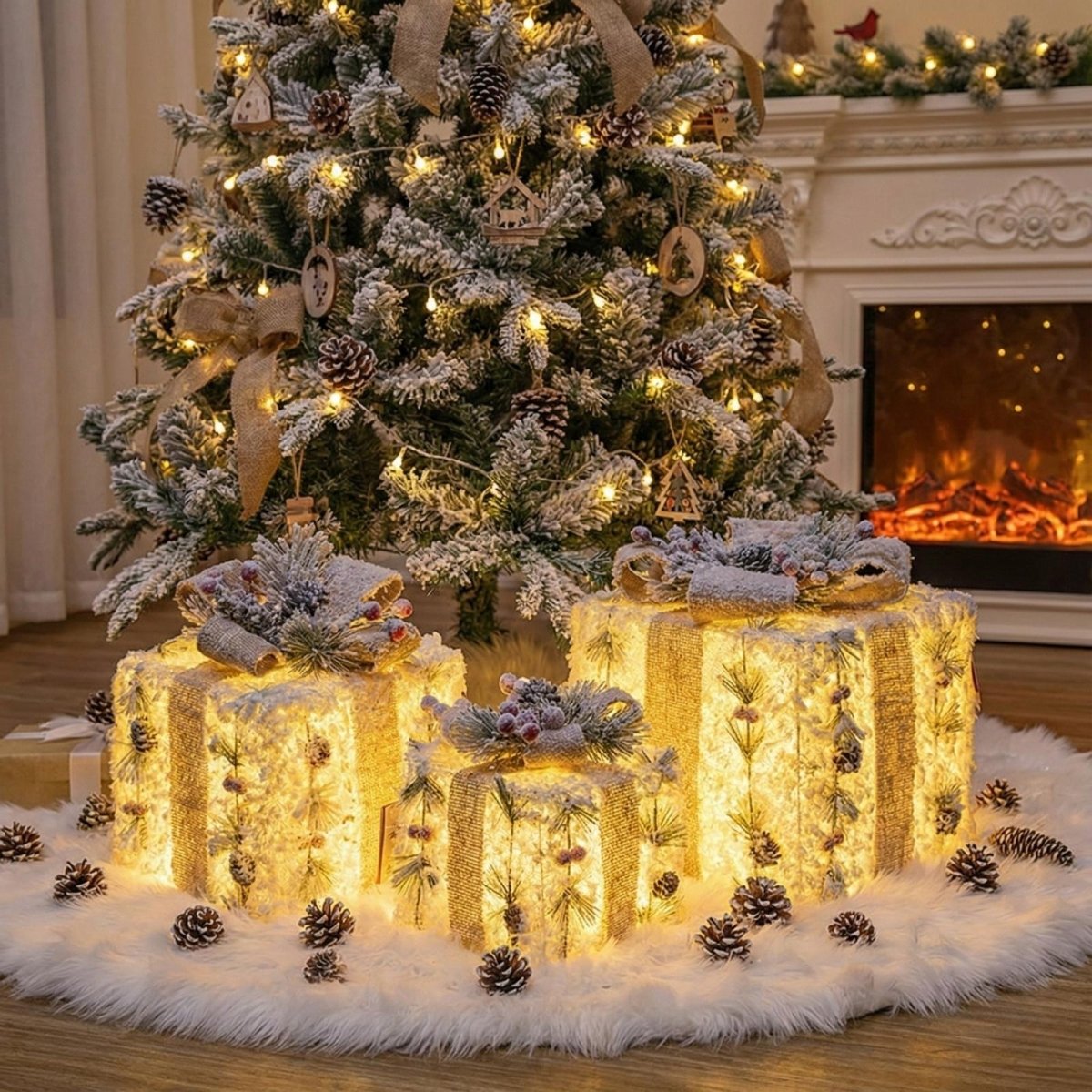 Three rustic lighted Christmas presents arranged on a plush white faux fur tree skirt, surrounded by decorative pinecones.