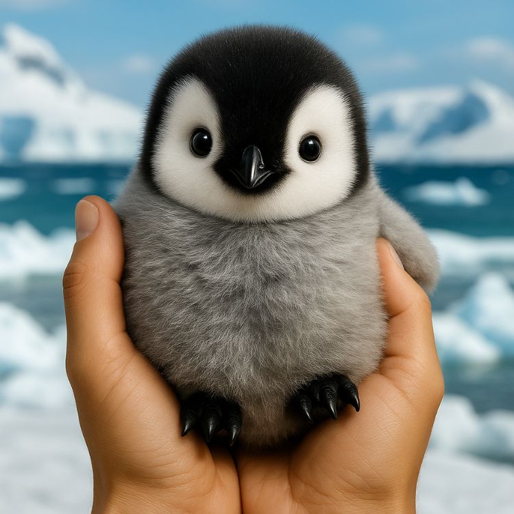 A person's hands gently holding the small, fluffy Kouvr interactive baby penguin robot toy against a snowy, arctic background.