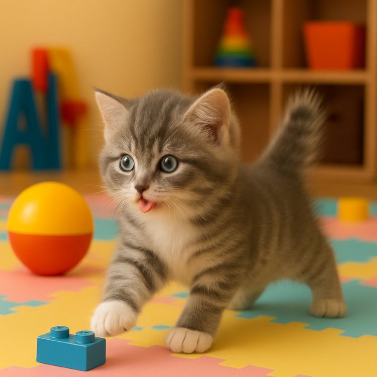 A realistic gray tabby interactive robot kitten walking on a colorful playmat next to toy blocks.
