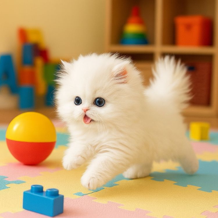 A white animatronic cat toy walking on a colorful playmat, demonstrating its lifelike movement feature for kids.