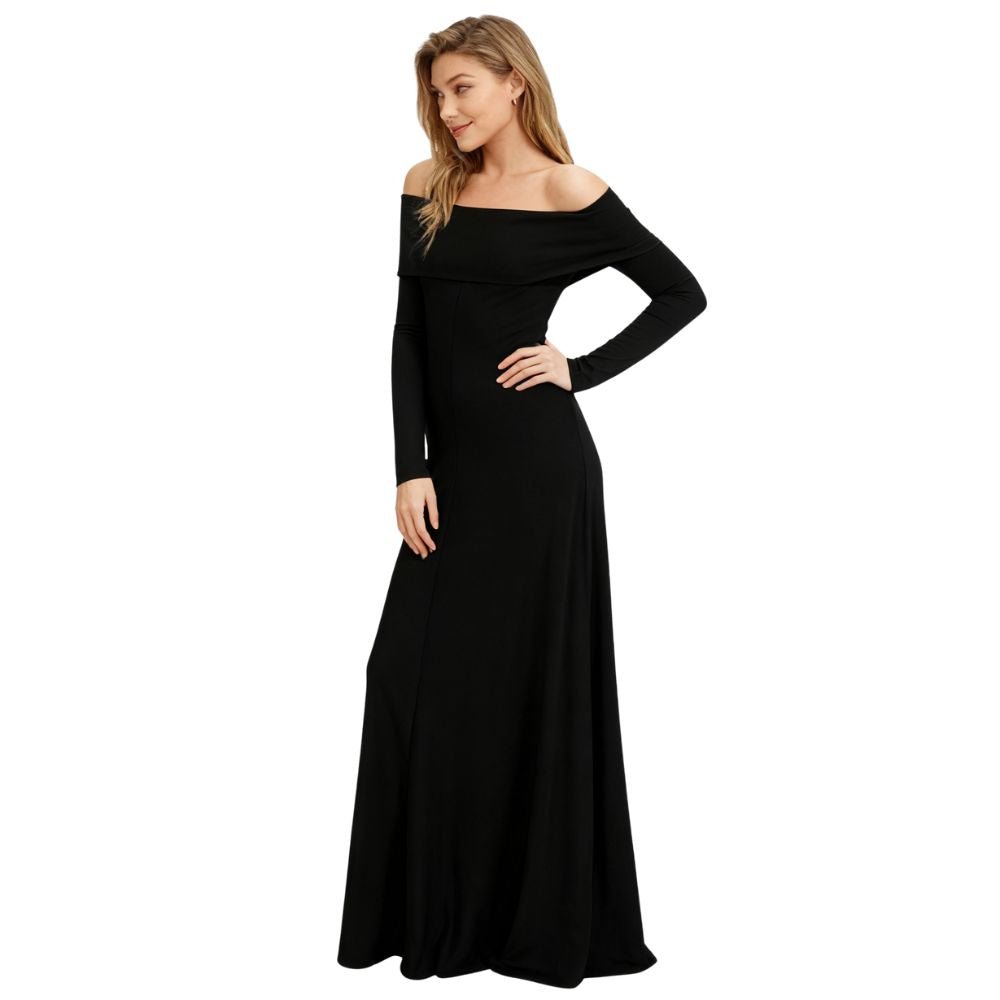 Woman wearing a black kouvr off-shoulder long-sleeve gown on a white background