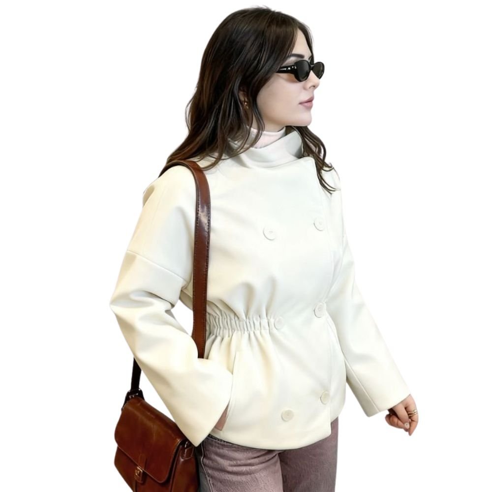 Side profile of a model wearing the Kouvr ivory wool jacket with the waist cinched, highlighting its versatile shape and wide sleeves.
