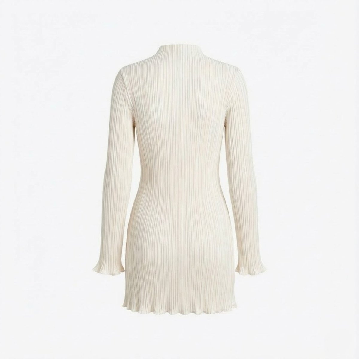 Flat lay of the back of the Kouvr ivory pleated mini dress, detailing the vertical pleats and shape.