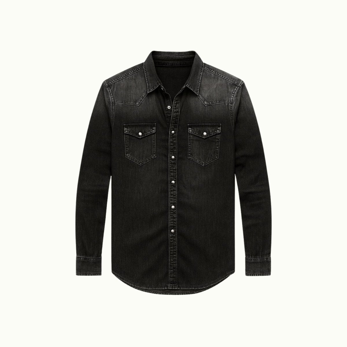 Black Kouvr denim Jacket with two front pockets on a white background