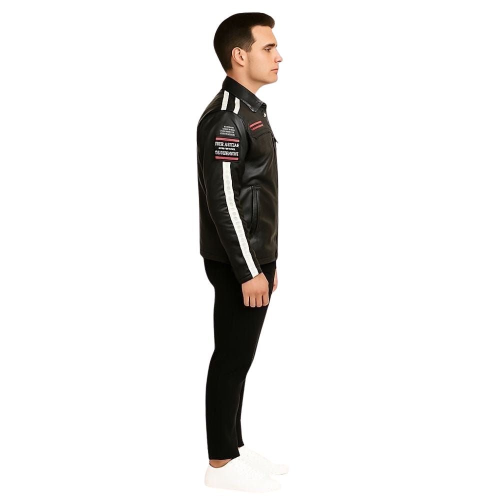 Man wearing a black kouvr leather racing suit with white accents on a white background