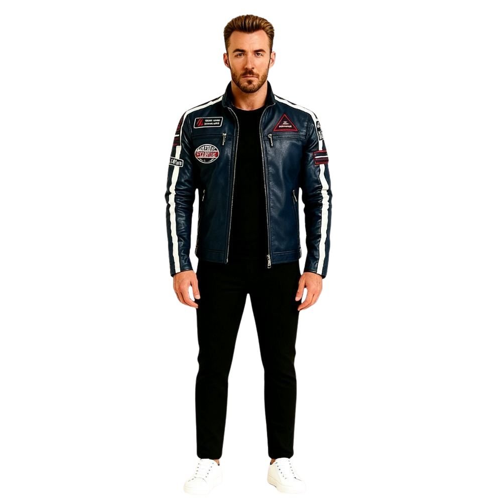 Man wearing a navy blue kouvr leather jacket with white stripes on a white background