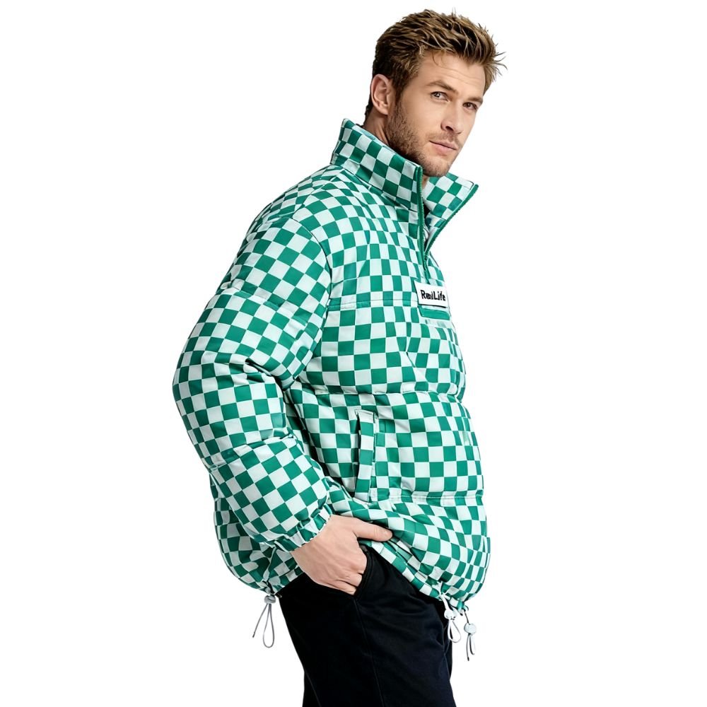 Kouvr Jaydon Men's Green and White Checkered Puffer Jacket with Stand Collar