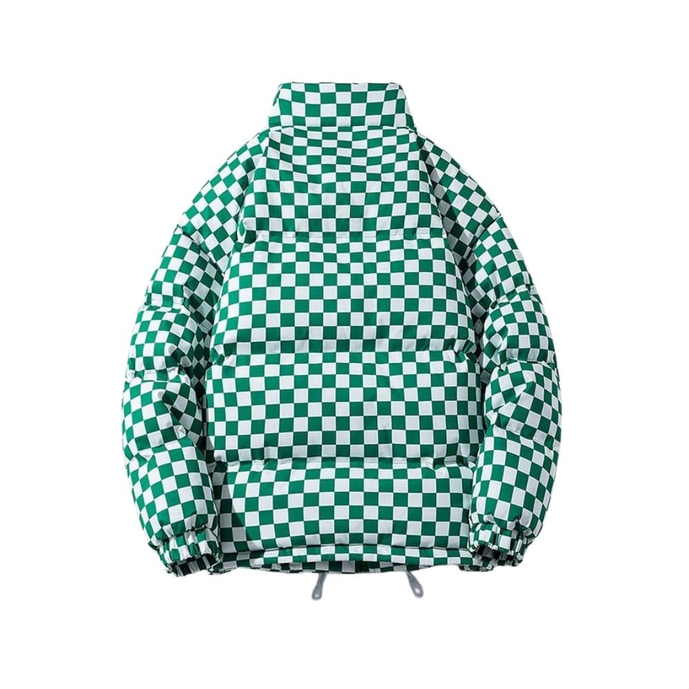 Kouvr Jaydon Men's Green and White Checkered Puffer Jacket with Stand Collar
