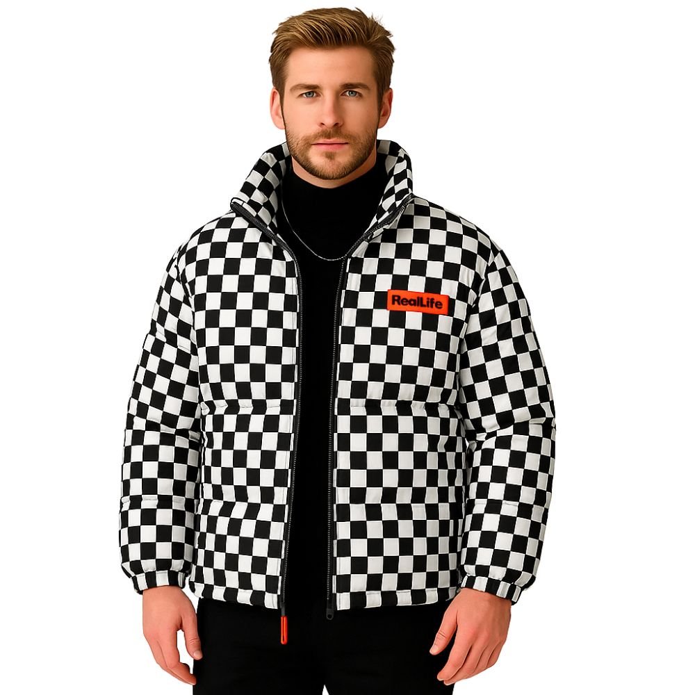 Kouvr Jaydon Men's Green and White Checkered Puffer Jacket with Stand Collar
