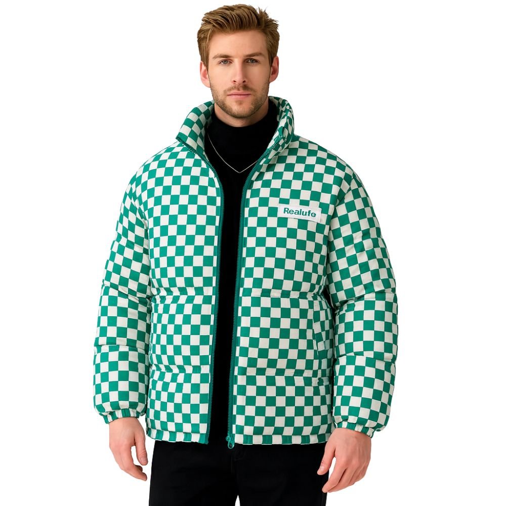 Kouvr Jaydon Men's Green and White Checkered Puffer Jacket with Stand Collar