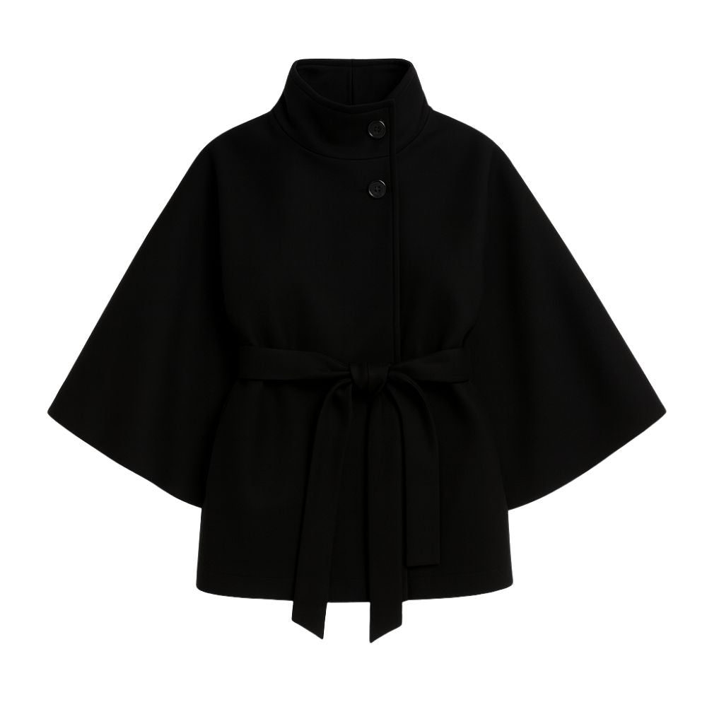 Model wearing Kouvr Fashion belted cape jacket with funnel neck and wide kimono sleeves