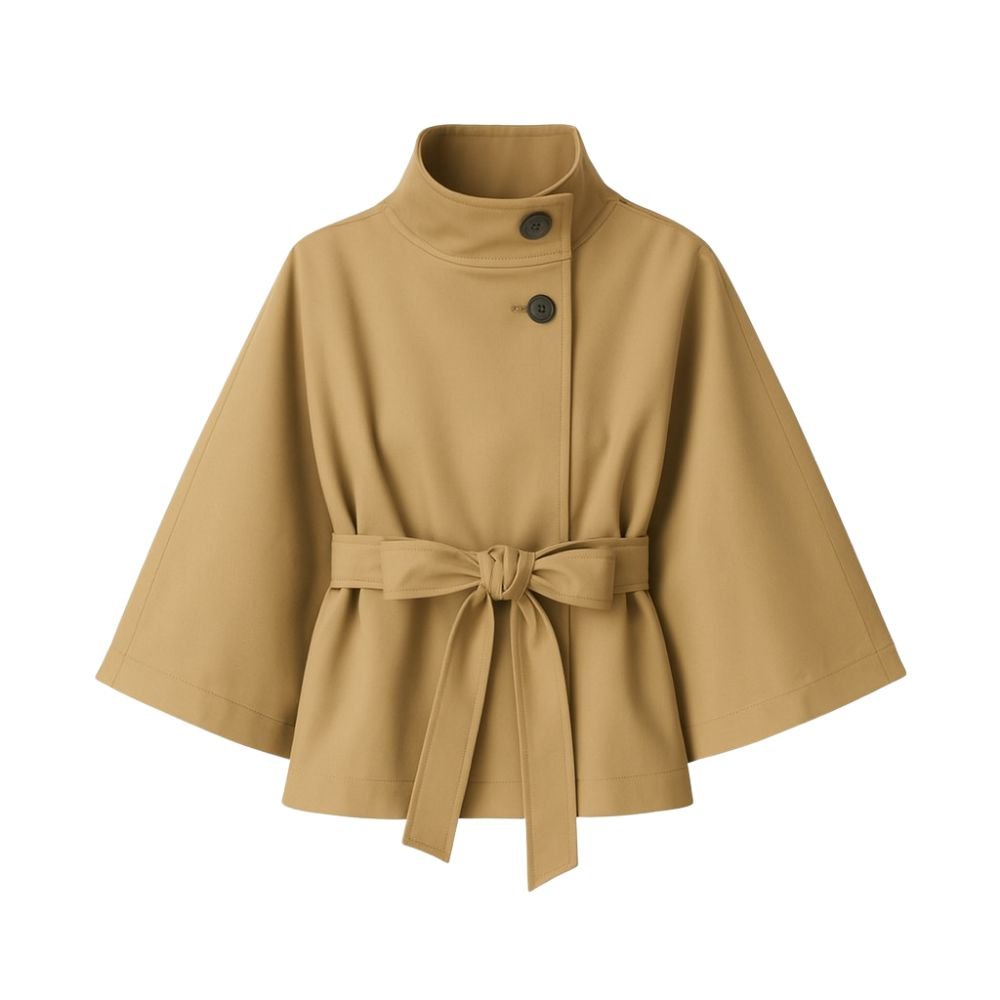 Kouvr Jaye Women's Belted Cape Jacket in Khaki with Funnel Neck