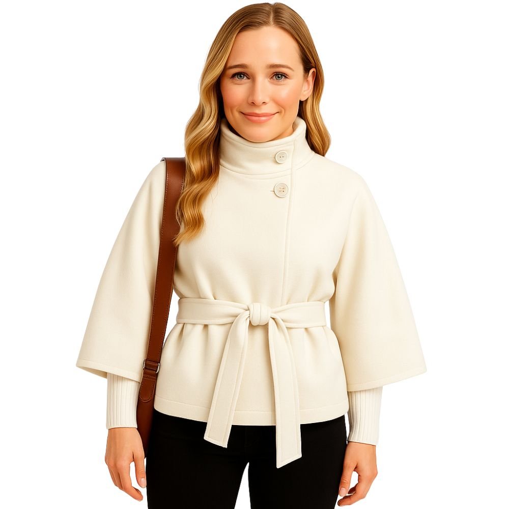 Model facing forward wears the Kouvr Jaye white wool belted cape coat with a high funnel neck and wide kimono sleeves