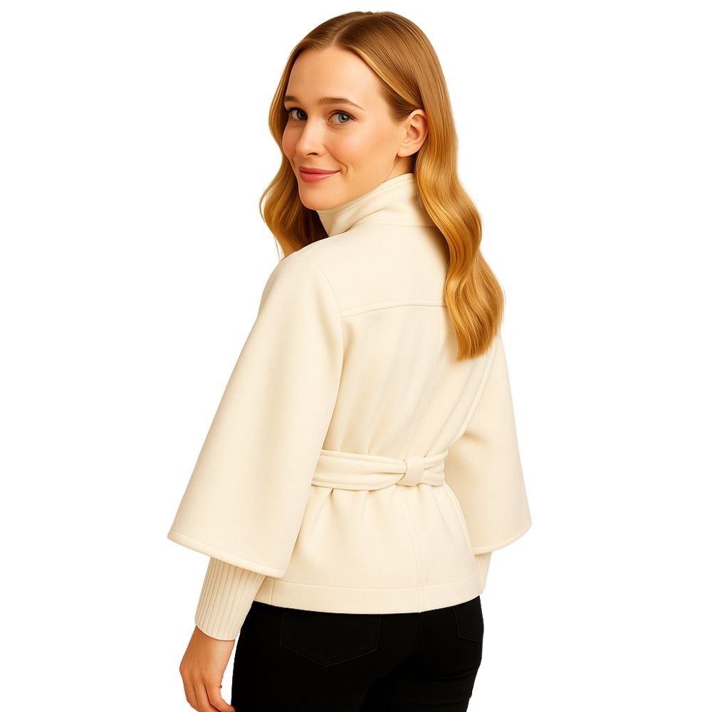 Model facing forward wears the Kouvr Jaye white wool belted cape coat with a high funnel neck and wide kimono sleeves
