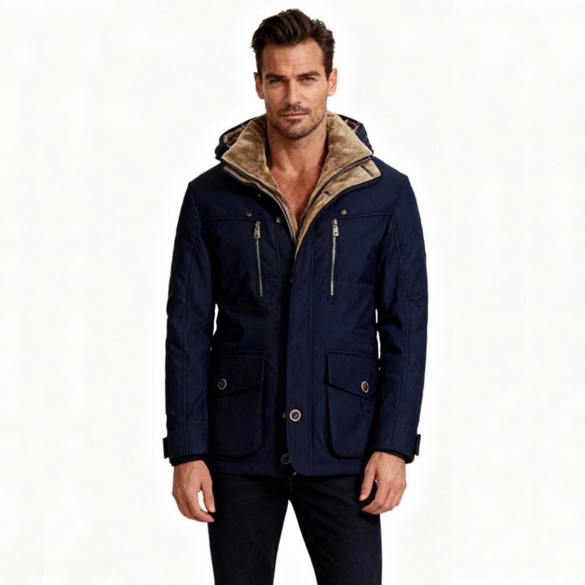 Man wearing a kouvr navy blue jacket with beige fur lining on a white background