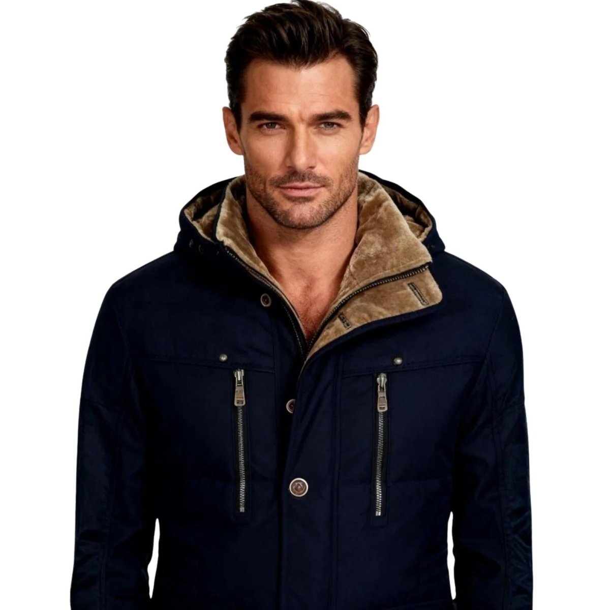 Man wearing a kouvr navy blue jacket with a brown fur-lined hood on a white background