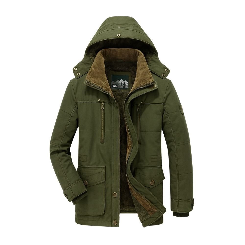 Front view of Kouvr men's green sherpa lined winter parka with hood up