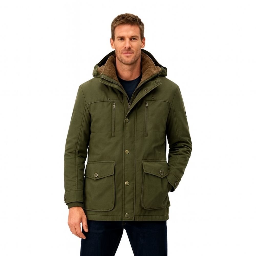 Front view of Kouvr men's green sherpa lined winter parka with hood up