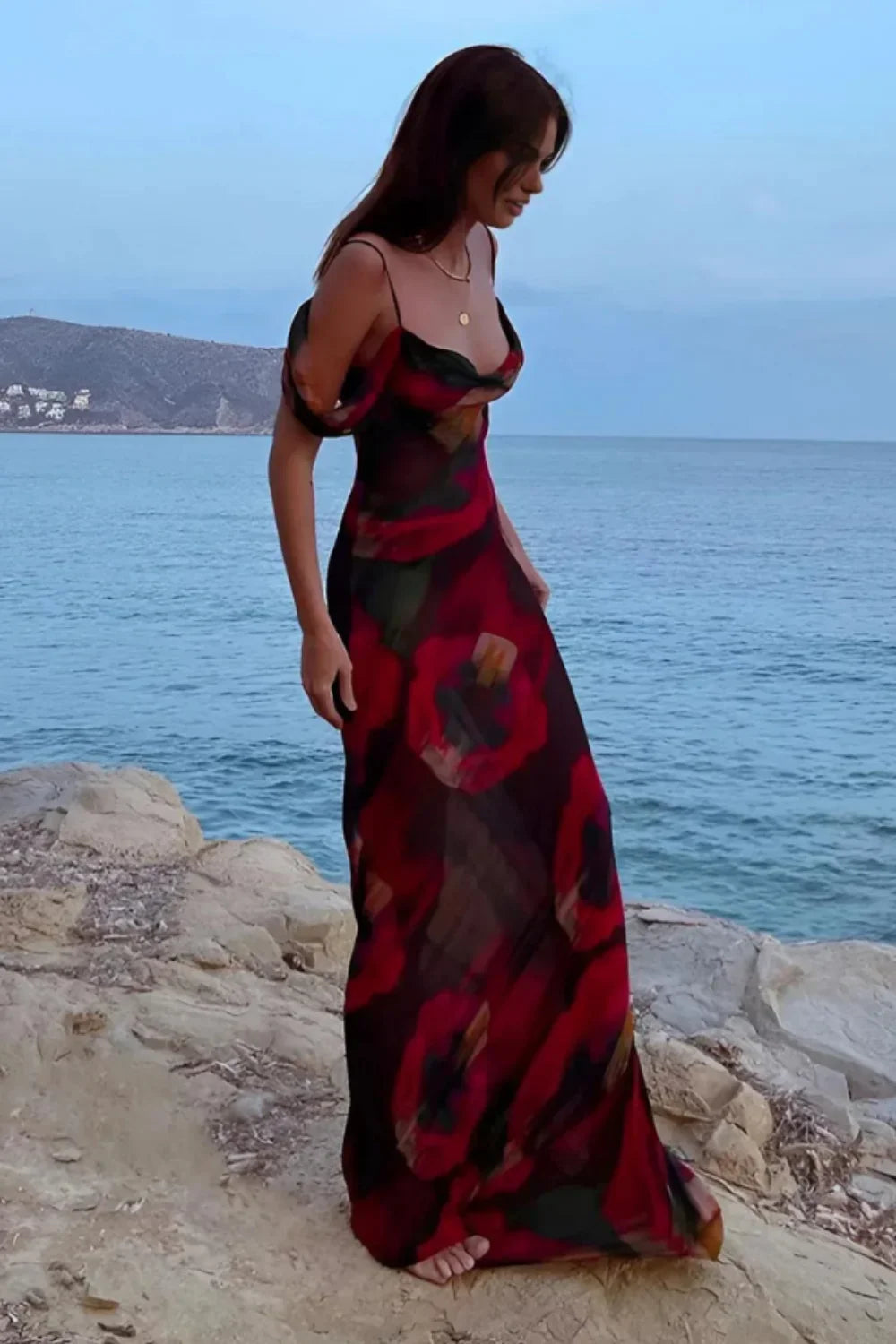 long flowing formal gown," "elegant off the shoulder dress," "cowl neck summer dress," "luxury resort wear