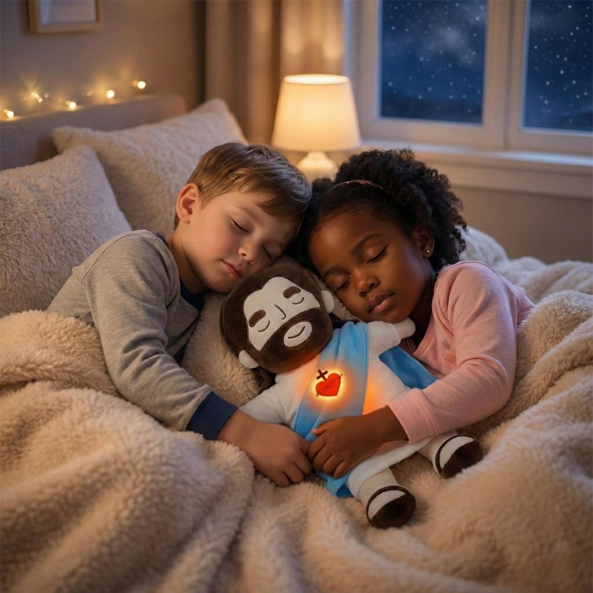 Two young children, a boy and a girl, sleeping soundly while cuddling the calming Kouvr Jesus Plush Toy together.