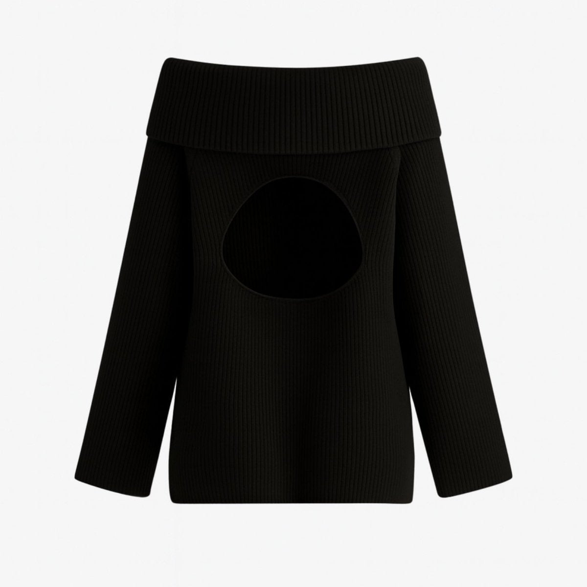 Black sweater with a round neckline on a white background