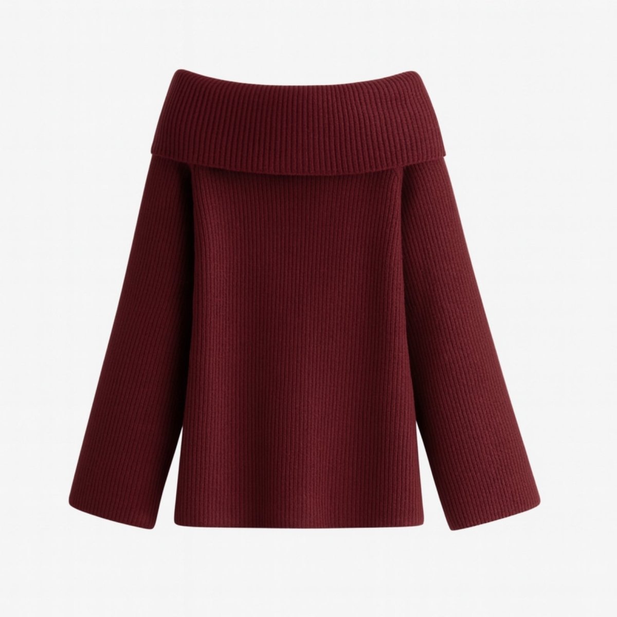 Burgundy kouvr off-shoulder sweater on a light gray background