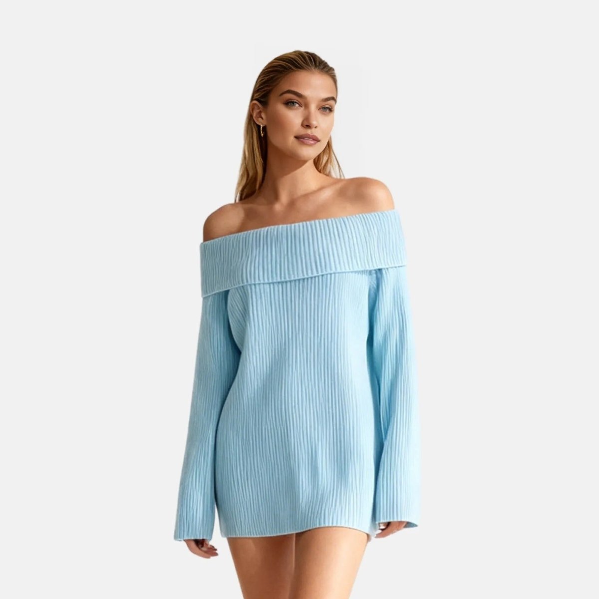 Woman wearing a sky blue off-shoulder dress on a white background