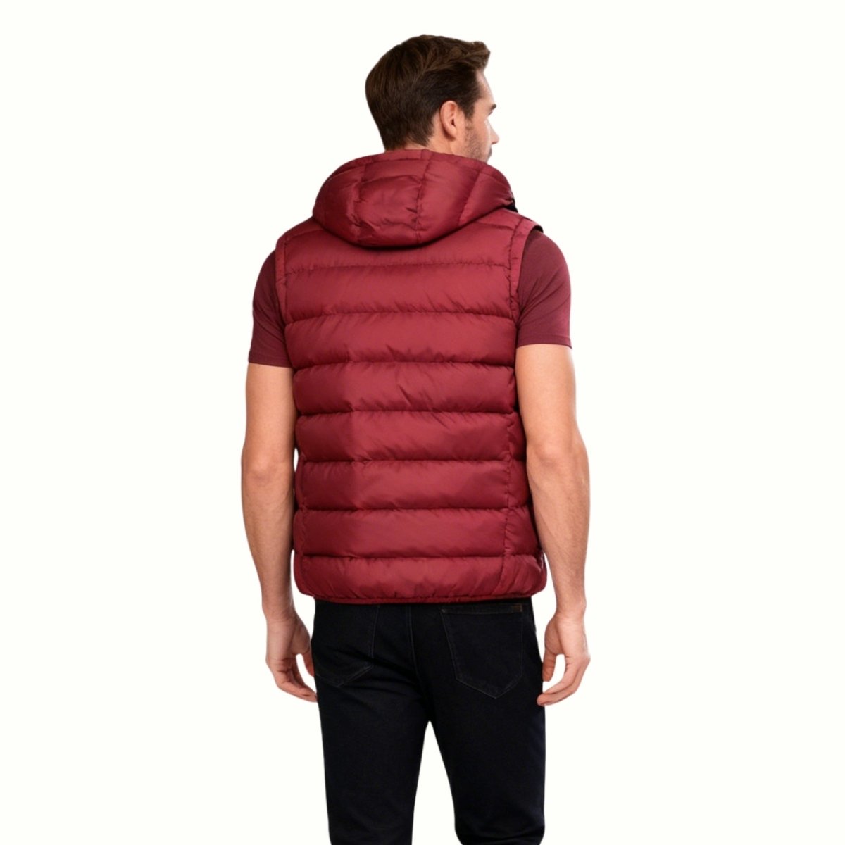 Detail shot of the zippered pocket and horizontal baffles on the Kouvr Jomari Crimson Red Men's Puffer Vest.