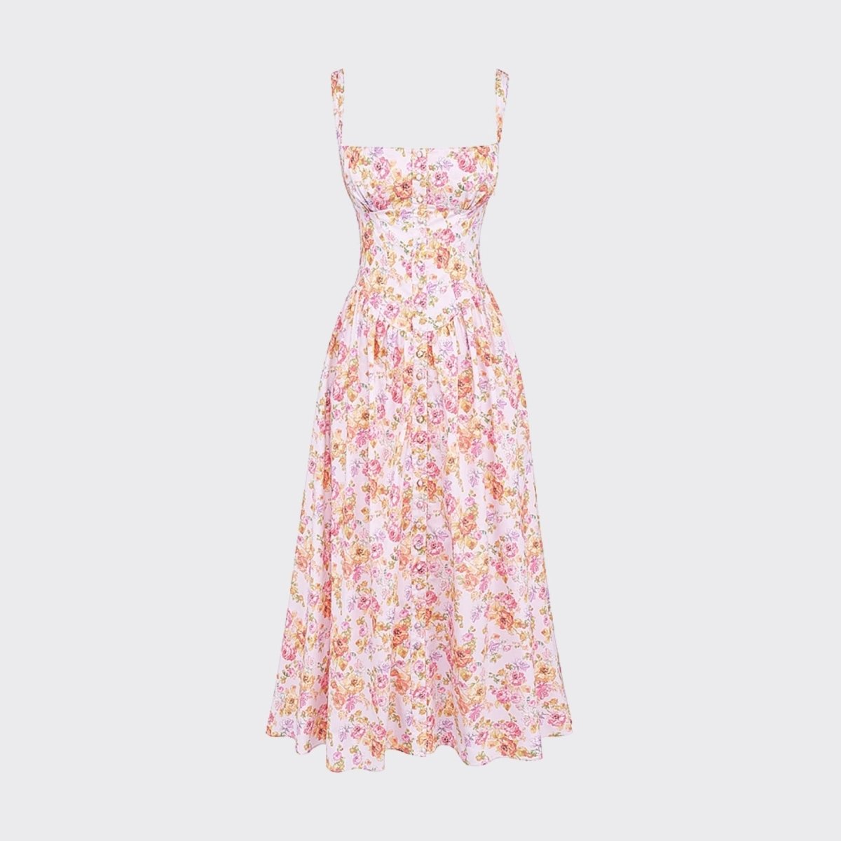 Flat lay of the pink floral sundress showcasing the button-front bodice, thick straps, and romantic flower print.