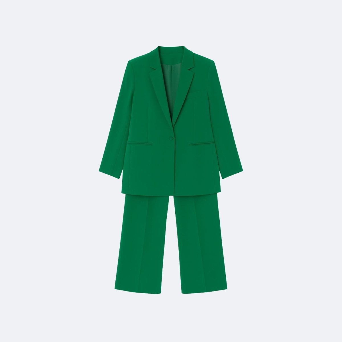 Flatlay product shot of the Kouvr kate green suit for women, showing the front of the single-breasted blazer and wide-leg trousers.