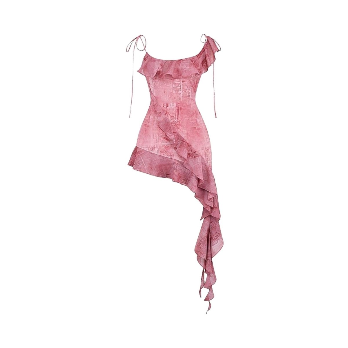 Pink print kouvr dress with ruffled details on a white background.