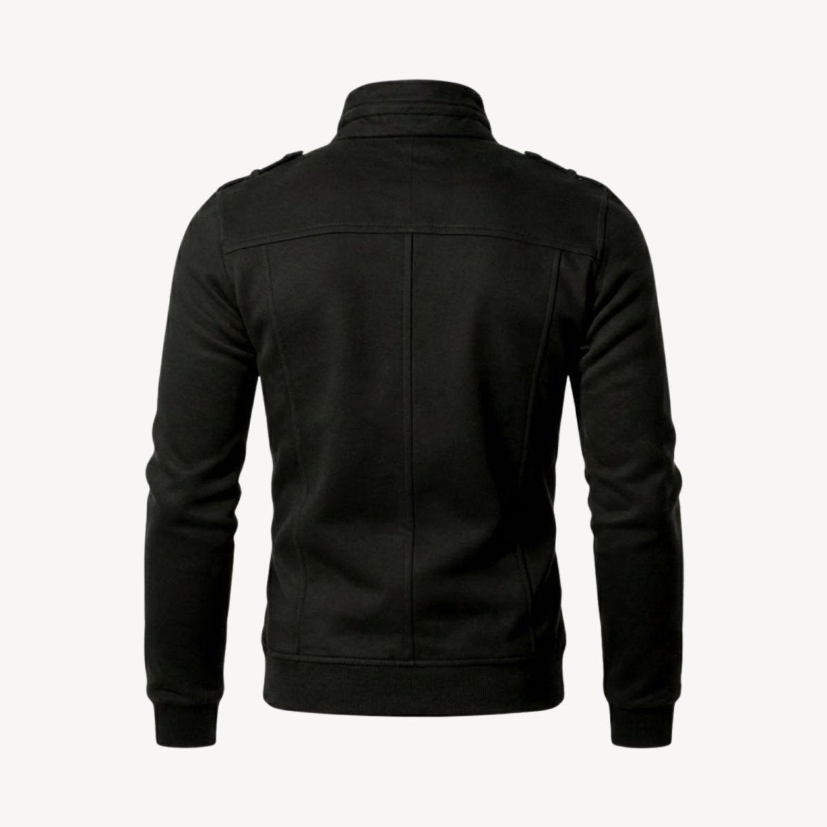Rear view of the Kouvr Kent black heavyweight cotton jacket showcasing the yoke and seam detailing.
