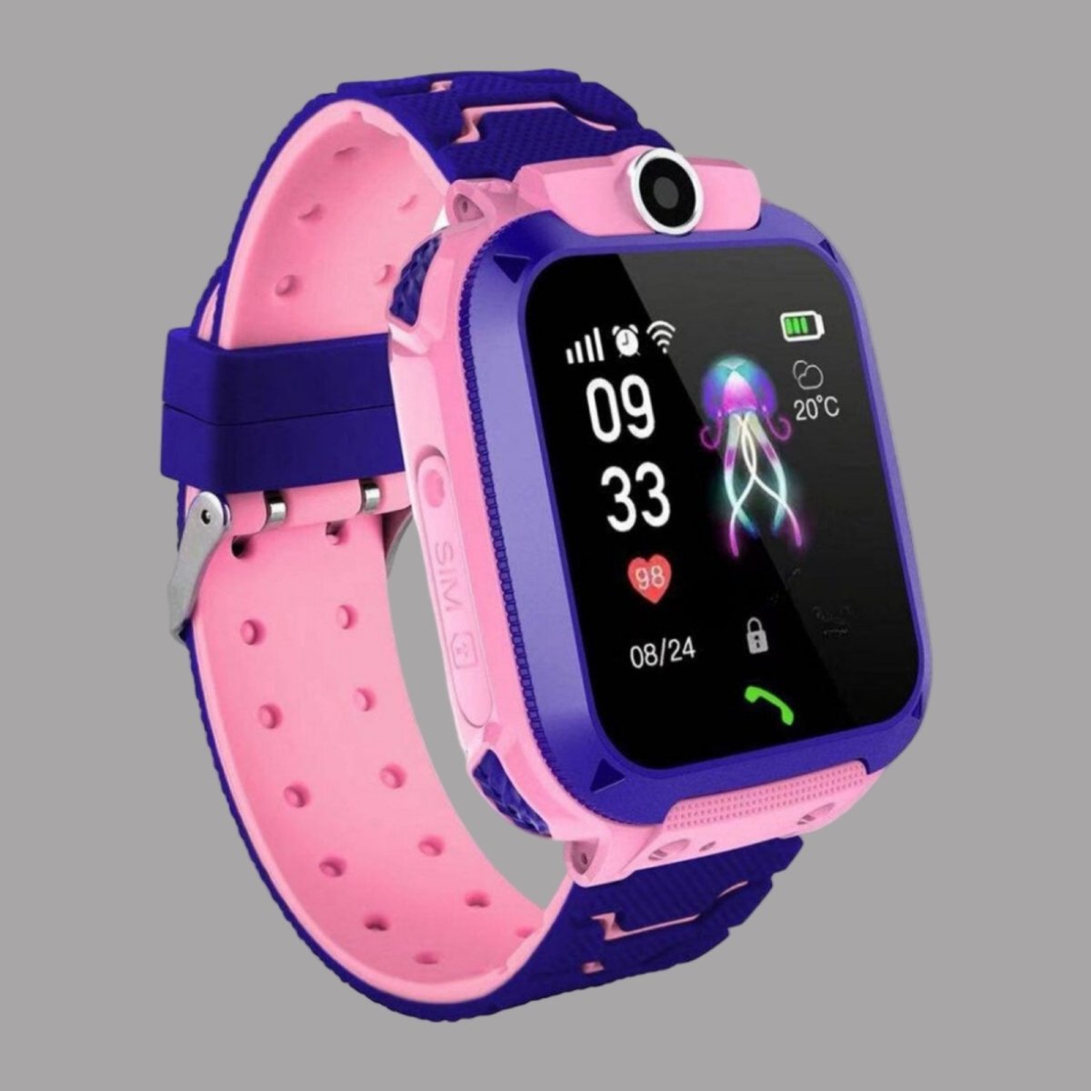 Pink and purple smartwatch on a gray background